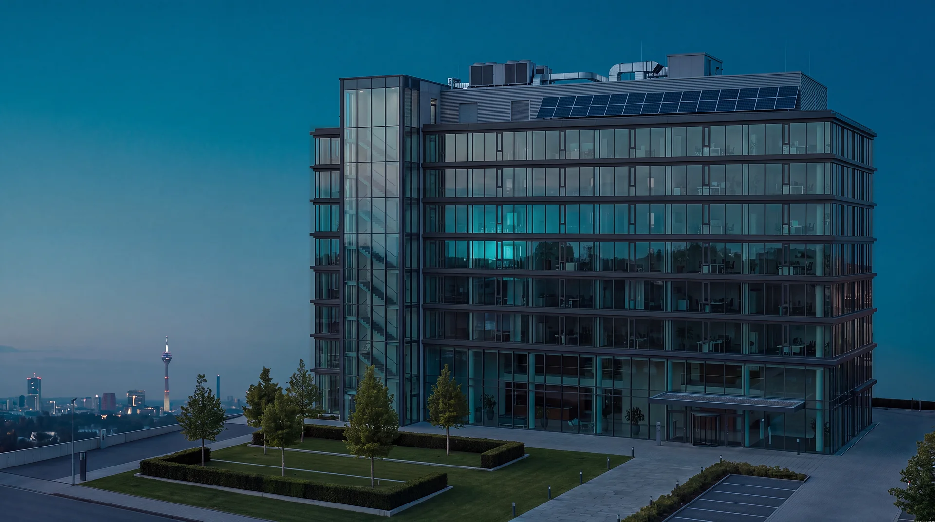Bürogebäude in Düsseldorf in der Abenddämmerung