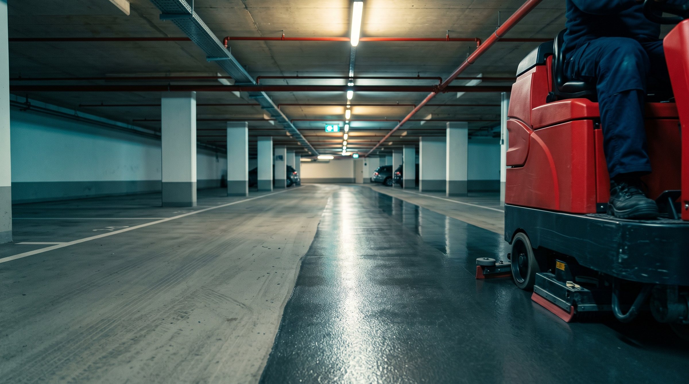 Aufsitz-Scheuersaugmaschine reinigt die Fahrgasse einer Tiefgarage