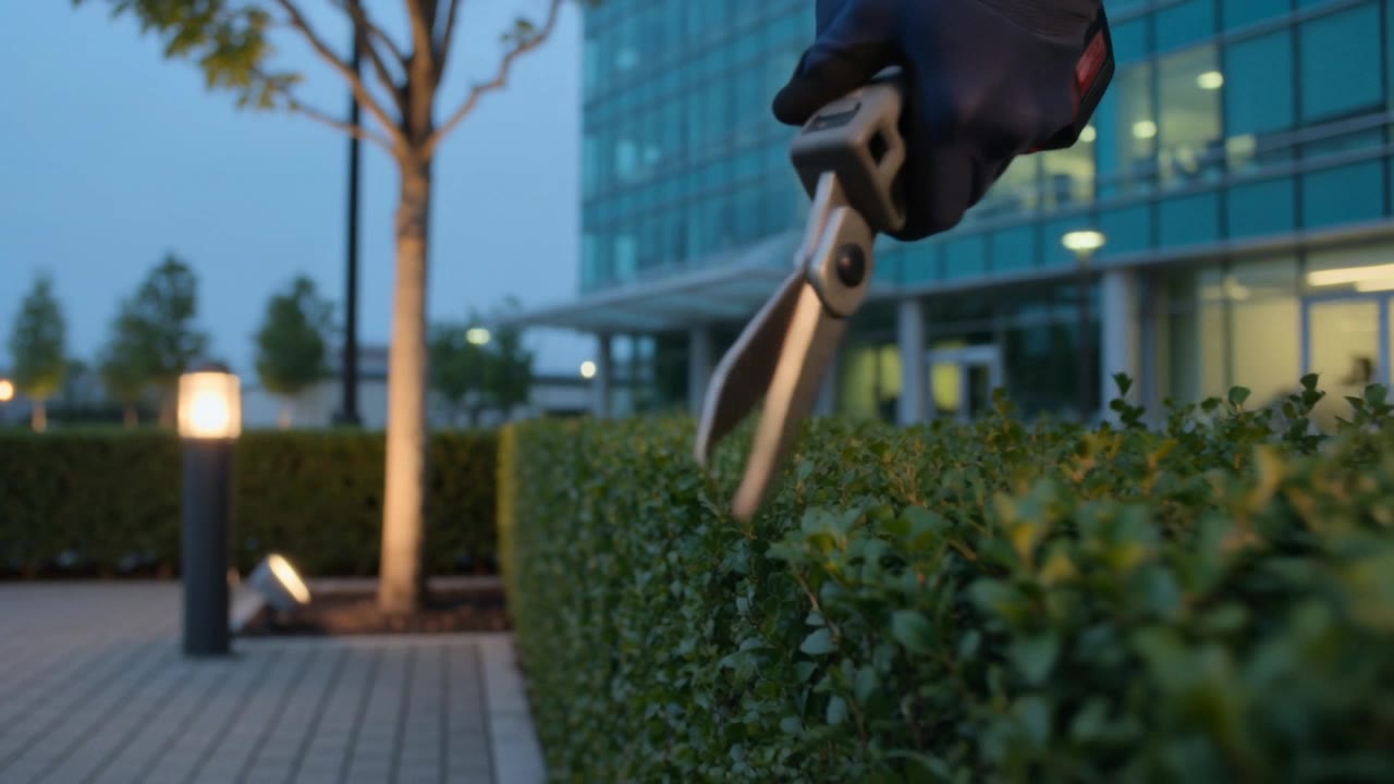 Heckenschnitt mit Gartenschere in einer Außenanlage