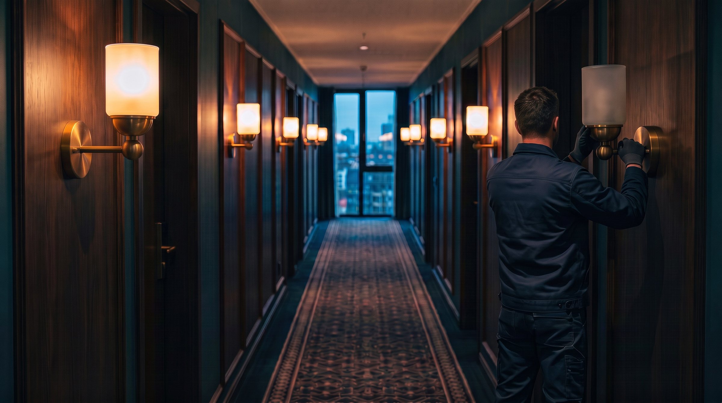 Haustechnik im Hotelflur: Wandleuchte wird geprüft