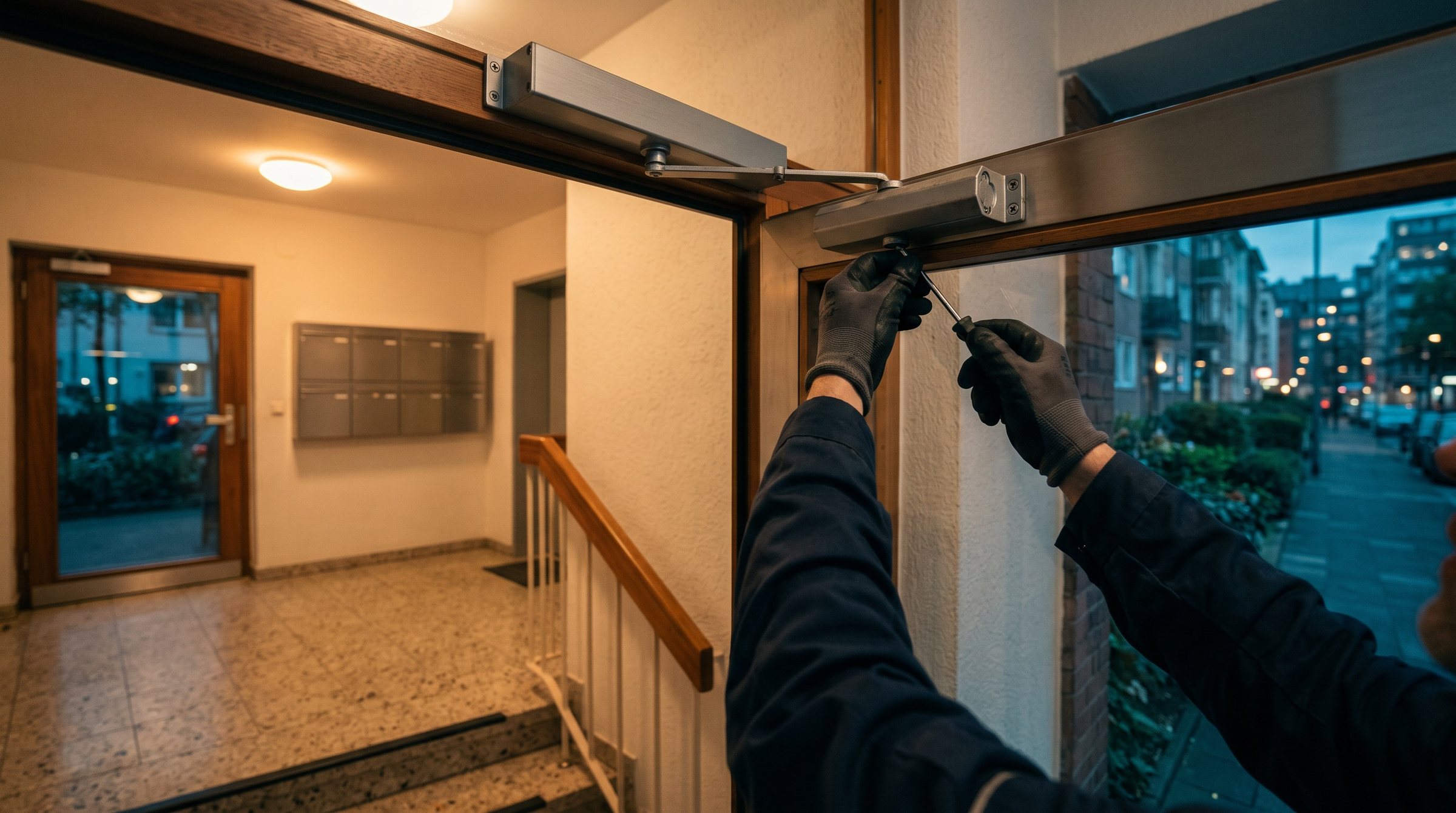 Hausmeisterservice: Reparatur am Türschließer im Hausflur
