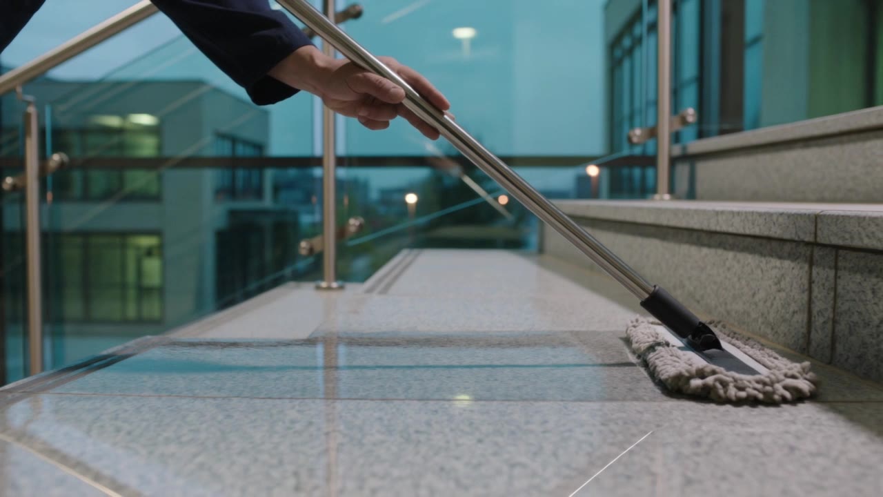 Treppenhausreinigung: Wischen einer Treppe mit Glasgeländer