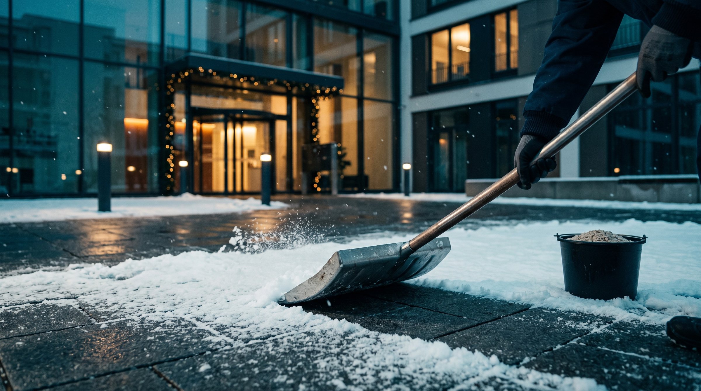 Winterdienst: Schnee räumen vor einem Gebäudeeingang